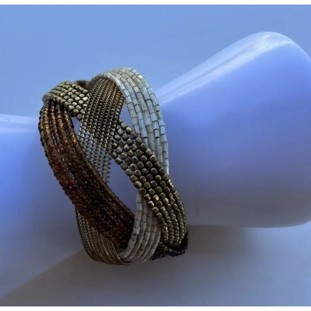 Vintage Glass Seed Bead Pieces Cuff Bracelet Brown Gold Y2K Women’s Sz 7.5”